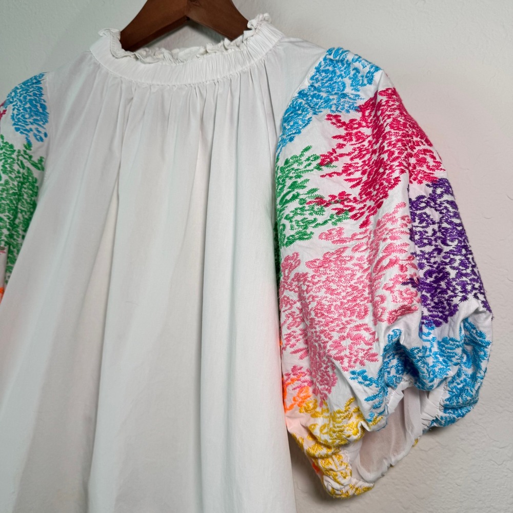 THML Womens White Cotton Colorful Embroidered Puff Sleeve Ruffle Neck Blouse - Picture 10 of 14